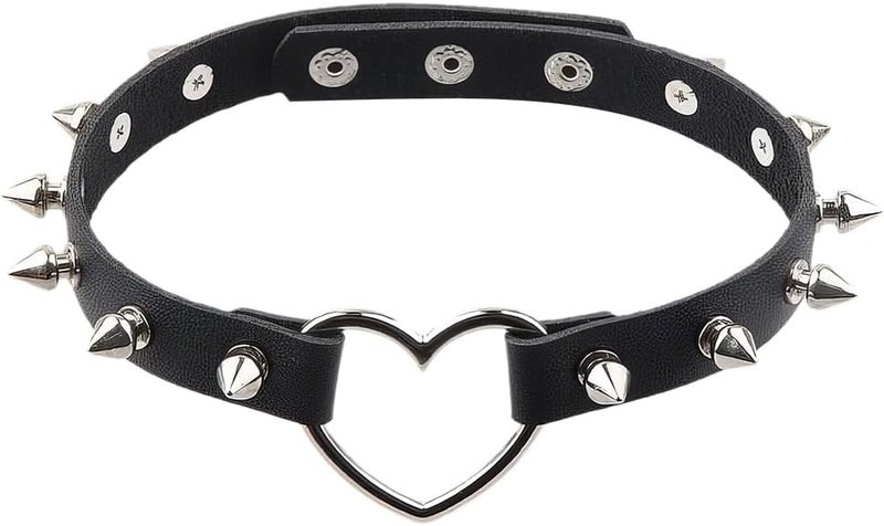 CALFOVERA Heart Spiked Studded Rivets Choker Collar Love PU Leather Gothic Necklace for Women Punk Rock Alloy Hollow Cosplay Goth Jewelry Chain Decorations for Women Party (Black) - Image 1